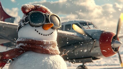 Snowman in Aviator Goggles and Scarf Standing Near a Snowy Airplane on a Windy Winter Day