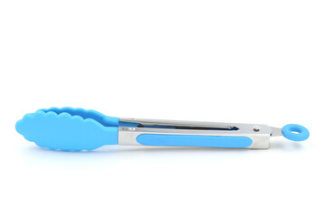 Serving kitchen tongs on white background. Ice tongs. Blue silicone tongs for hot food.