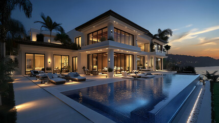 Fototapeta premium Modern Luxury Villa with Infinity Pool and Ocean View - 3D Illustration