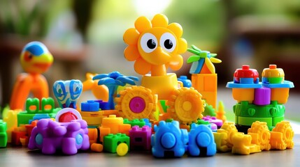 A colorful assortment of toys, including a yellow toy car