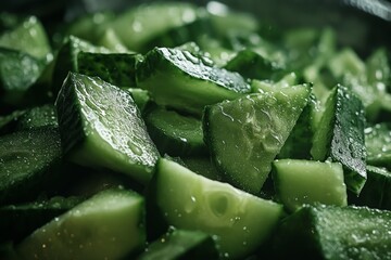 The image captures a pile of chopped fresh cucumbers gleaming with dew, highlighting the notion of freshness and the appeal of healthy eating practices.