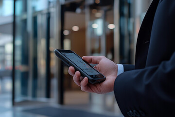 Business professional checking alerts on smartphone in modern office