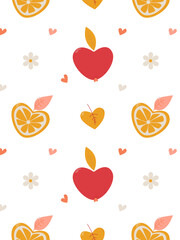 Cute heart-shaped apple and orange pattern on a white background
