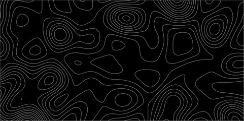 Abstract white on black background with Topographic line map pattern. abstract wavy and curved lines background. linear map. Dark seamless design. Bold tile able isolines pattern. Vector illustration.