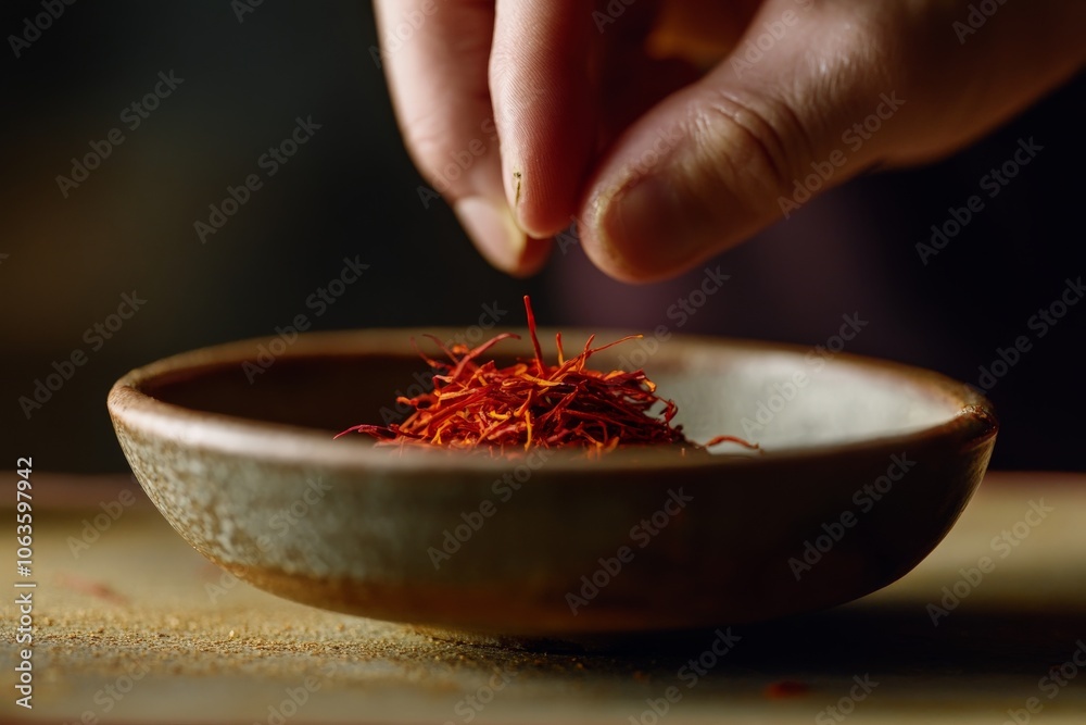 Poster A close-up view of aromatic saffron strands being gently pinched over a rustic ceramic bowl, showcasing the vibrant red and orange hues of the spice.