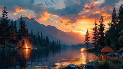A group of friends sets up camp by a serene lake, their tents glowing softly as the sun sets behind the mountains. A fire crackles nearby, and the smell of pine trees and fresh air fills the campsite