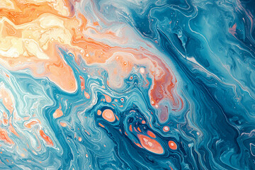 Colorful abstract fluid art with swirls of blue and orange tones