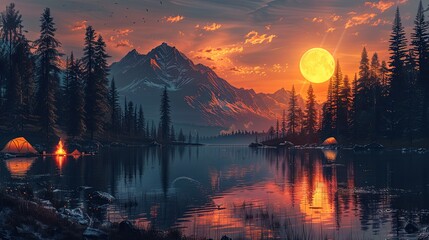 A group of friends sets up camp by a serene lake, their tents glowing softly as the sun sets behind the mountains. A fire crackles nearby, and the smell of pine trees and fresh air fills the campsite