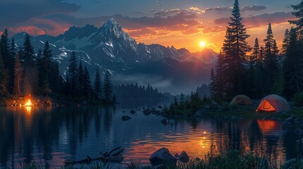 A group of friends sets up camp by a serene lake, their tents glowing softly as the sun sets behind the mountains. A fire crackles nearby, and the smell of pine trees and fresh air fills the campsite