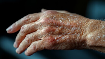 Fototapeta premium An elderly person's hand reveals signs of aging and a skin condition, featuring rough texture and dry patches under soft indoor lighting. The focus emphasizes the skin's natural details.