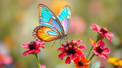 A Vibrant Butterfly Perched on a Delicate Pink Flower with a Blurred Background of Blooming Colors