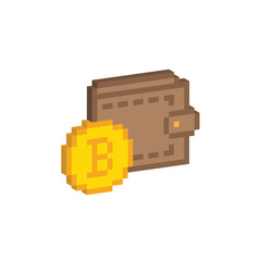 isometric bitcoin wallet icon 8 bit, pixel art for game logo. cryptocurrency blockchain icon