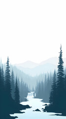 A minimalist, blue silhouette of a river flowing through a misty forest, with mountains in the background.