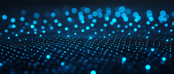 Abstract futuristic digital landscape with glowing blue dots, representing data flow, connectivity, and technological innovation on a dark background.