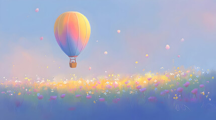 Obraz premium A single hot air balloon floats above a field of wildflowers with a blue and pink sky in the background.