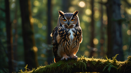 Macro shot of a majestic owl in a dense forest with dappled sunlight and moss-covered branches capturing the mysterious charm of the woods