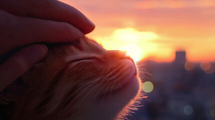 A ginger cat basks in the golden glow of sunset, being petted by a loving hand.