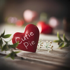 A cinematic shot of a red heart with the text "Cutie Pie" written inside. The heart is lying on a wooden surface.