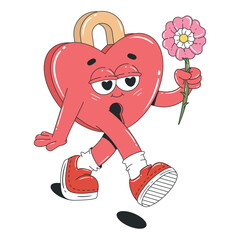 Heart lock character holding a flower. Happy Valentine's day in trendy retro 60s 70s style. Isolated vector illustration.