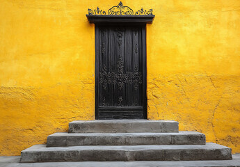 Intricately designed black door with decorative elements against a vibrant yellow wall in a historic neighborhood