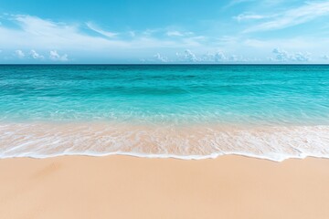 A serene beach scene featuring clear turquoise water and soft sandy shore under a bright sky, perfect for relaxation and tranquility.
