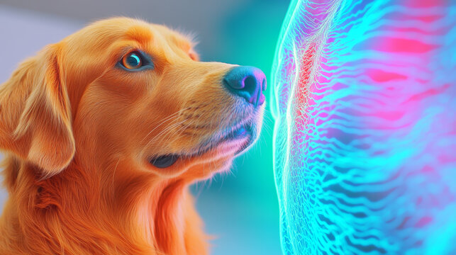 Golden Retriever looks intently at a glowing blue and pink abstract form.