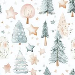 A whimsical pattern of hand-painted trees and stars in soft pastel colors, perfect for seasonal decor or children's design themes.