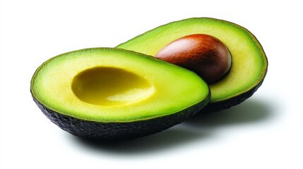 Halved Avocado: A vibrant, green avocado is cut in half, revealing its creamy flesh and a single, large pit. The avocado is ripe and ready to eat.