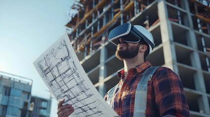 Construction Worker Visualizing 3D Building Blueprint in VR Glasses at Construction Site