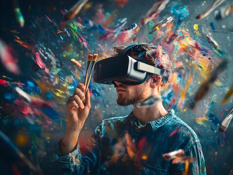 Person in VR Glasses Immersed in Digital Art Creation with Floating Brushes and Canvases