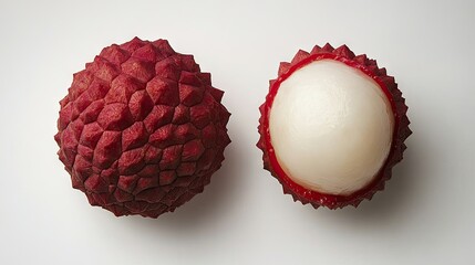 A whole lychee with textured red skin and another peeled to show white flesh and dark seed, isolated on a clean white background.