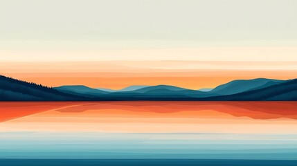 Obraz premium A serene landscape at sunset, showcasing tranquil waters reflecting soft hues of orange and blue mountains in the background.