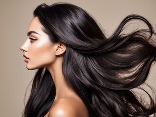 Fototapeta premium A woman with long black hair blowing in the wind