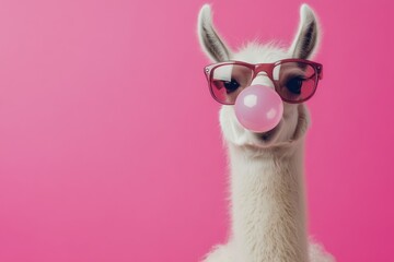 Stylish Llama with Sunglasses and Bubble Gum