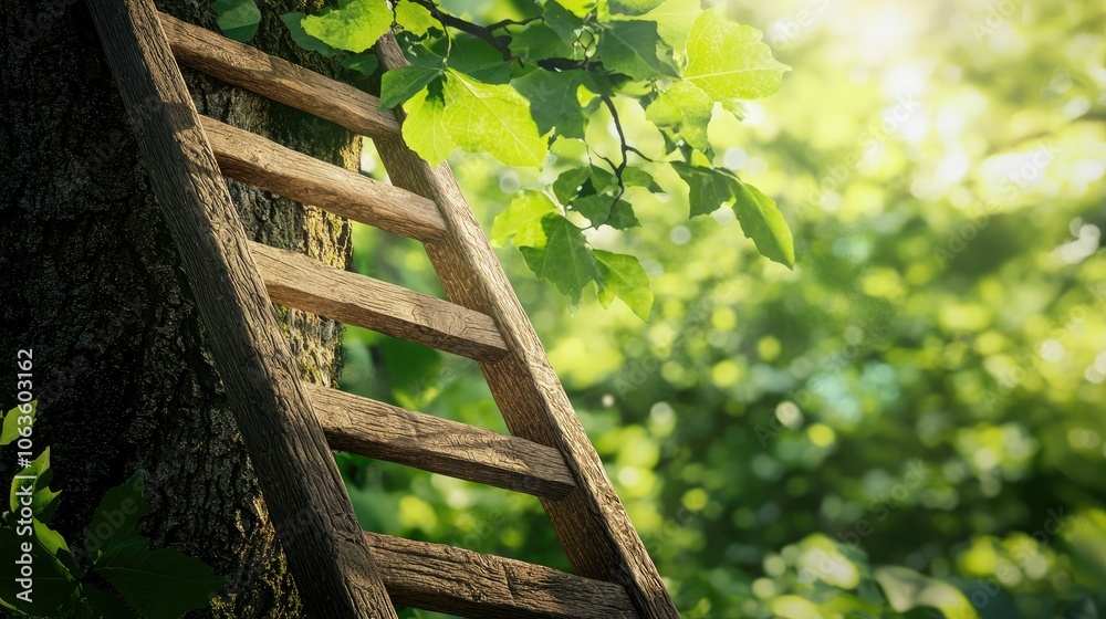 Poster a ladder leaning against a tree, with each step representing a stage in growth.