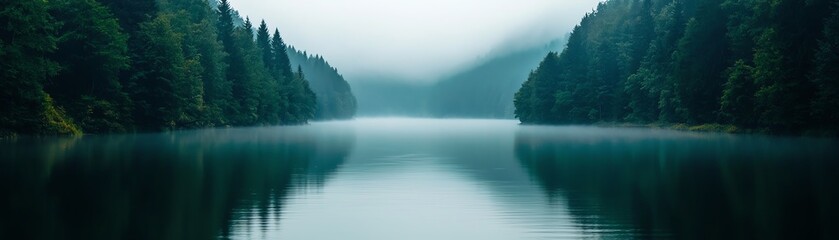 Fototapeta premium A serene landscape featuring a calm lake surrounded by lush trees and a soft fog, creating a tranquil and peaceful atmosphere.