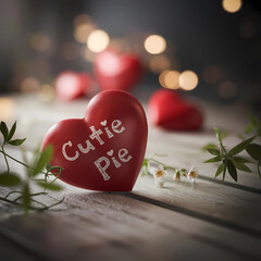 A cinematic shot of a red heart with the text "Cutie Pie" written inside. The heart is lying on a wooden surface.
