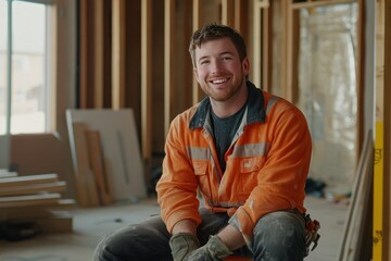 Fototapeta premium Cheerful Male Worker Sitting on Stool at Construction Site