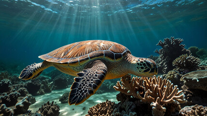 Obraz premium Macro shot of a turtle gliding in clear turquoise water with dappled light highlighting the rich colors of the coral reef and marine life