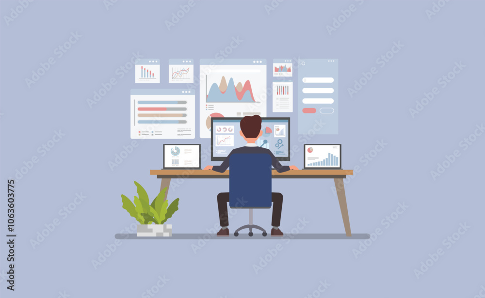 Fototapete businessman at a desk with multiple screens displaying graphs, charts, and analytical data character