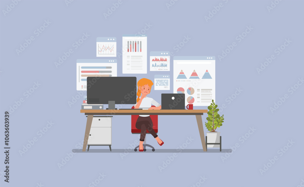Wall mural businesswoman at a desk with multiple screens displaying graphs, charts, and analytical data charact
