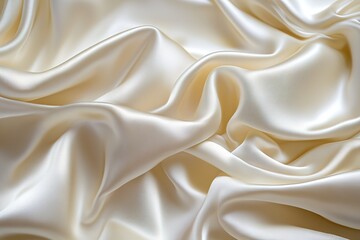 Obraz premium A close-up of the smooth, shiny texture of cream-colored silk fabric with folds and ripples.