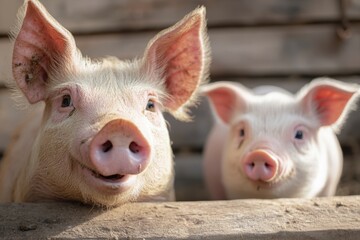 Two cheerful pigs resting together in a rustic barn during a sunny afternoon, enjoying their peaceful surroundings