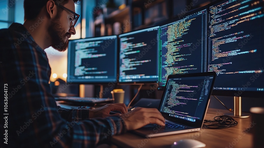 Poster Developer typing code on a laptop with multiple monitors displaying code. 