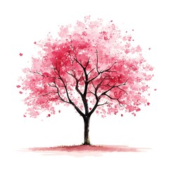 Watercolor painting of a pink cherry blossom tree with falling petals.