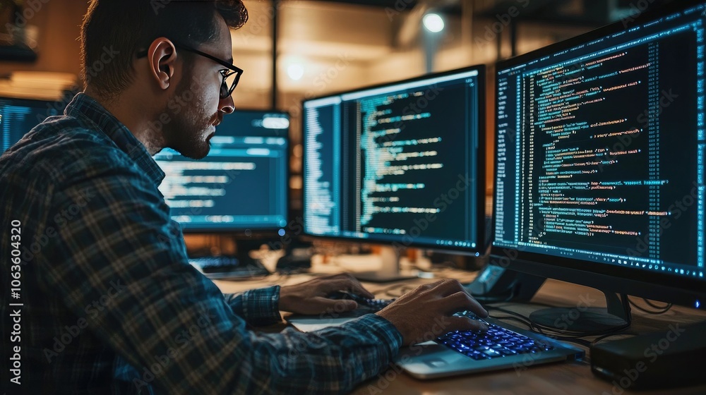 Poster Developer typing code on a laptop with multiple monitors displaying code. 