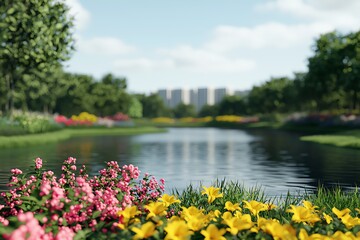 A serene landscape featuring vibrant flowers by a calm river, surrounded by lush greenery and distant city buildings.