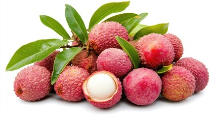 Bunch of fresh lychees with rough red skin, some peeled to reveal soft white flesh, beautifully isolated on a white background.