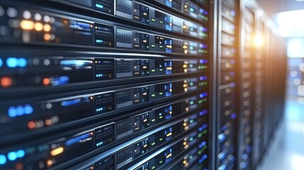 Data server rack with illuminated lights, modern technology backdrop.