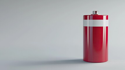 Red battery with white stripes, isolated on a light gray background.
